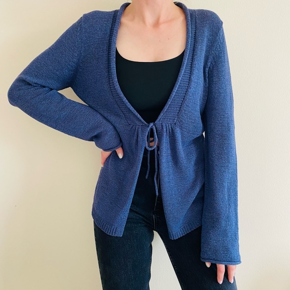 August silk knit open tie cardigan boho blue sweater - Picture 1 of 9